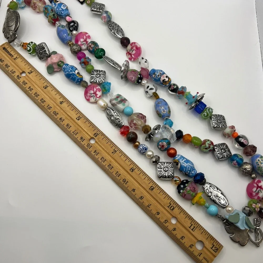 Geisha‎ Multi Strand Beaded Necklace Porcelain Lampwork Fish Nesting Doll Floral